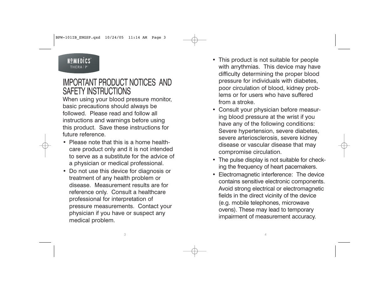 Important product notices and safety instructions | HoMedics BPW-101 User Manual | Page 3 / 38