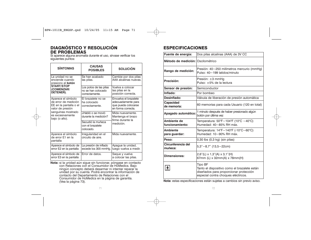 Diagnóstico y resolución de problemas, Especificaciones | HoMedics BPW-101 User Manual | Page 37 / 38