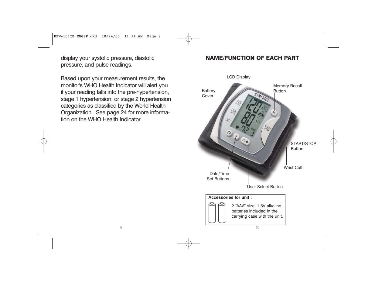 Name/function of each part | HoMedics BPW-101 User Manual | Page 6 / 38