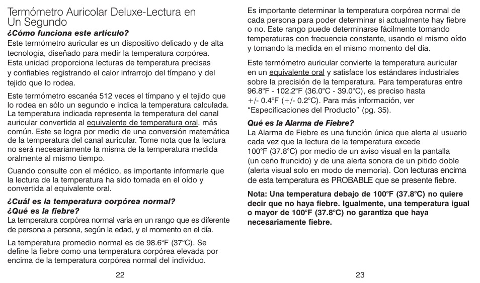 Termómetro auricolar deluxe-lectura en un segundo | HoMedics TE-100 User Manual | Page 12 / 18