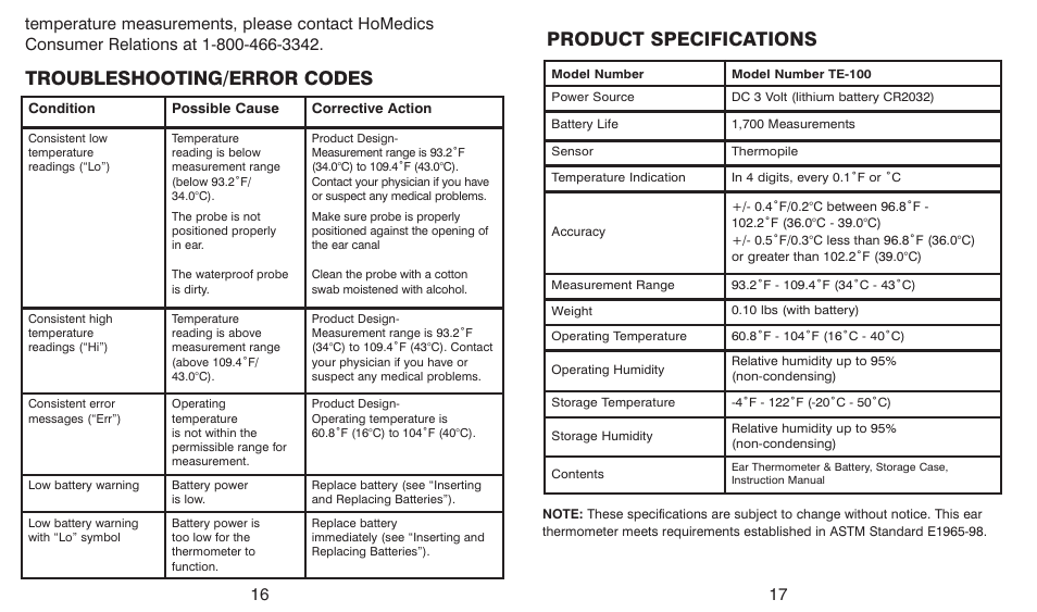 Troubleshooting/error codes, Product specifications | HoMedics TE-100 User Manual | Page 9 / 18