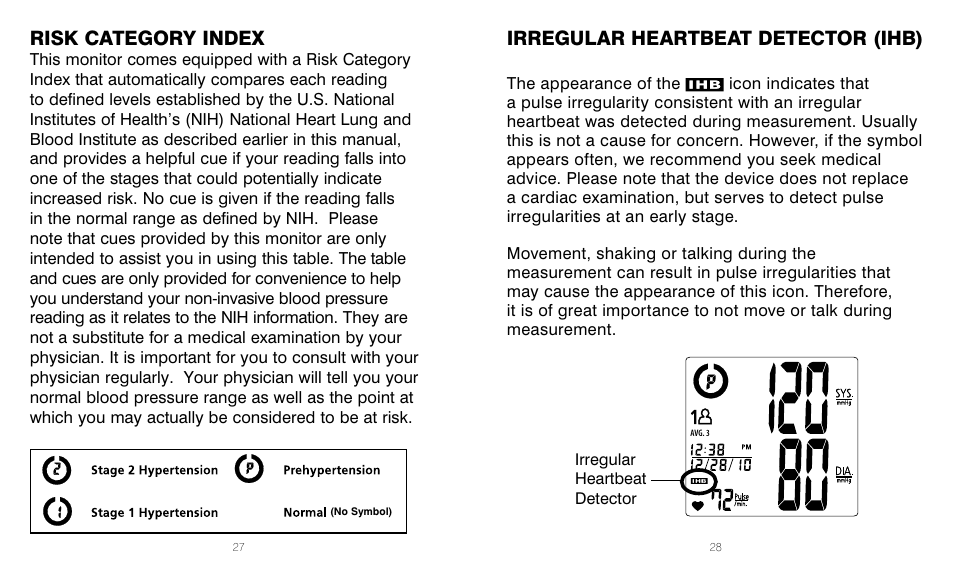 Risk category index, Irregular heartbeat detector (ihb) | HoMedics BPW-201 User Manual | Page 14 / 42