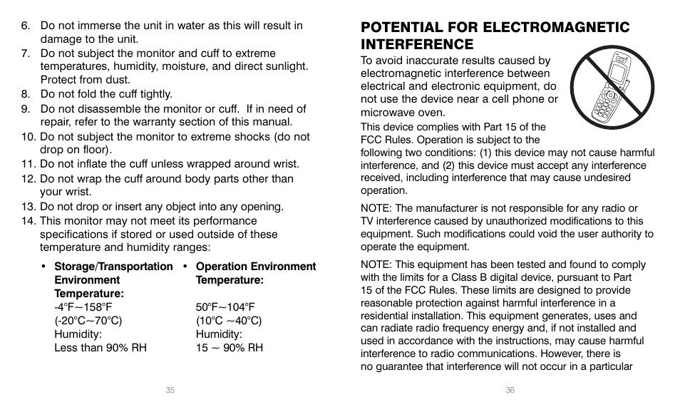Potential for electromagnetic interference | HoMedics BPW-201 User Manual | Page 18 / 42