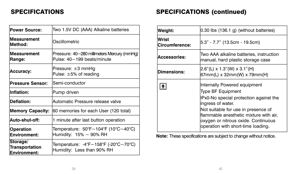 Specifications, Specifications (continued) | HoMedics BPW-201 User Manual | Page 20 / 42