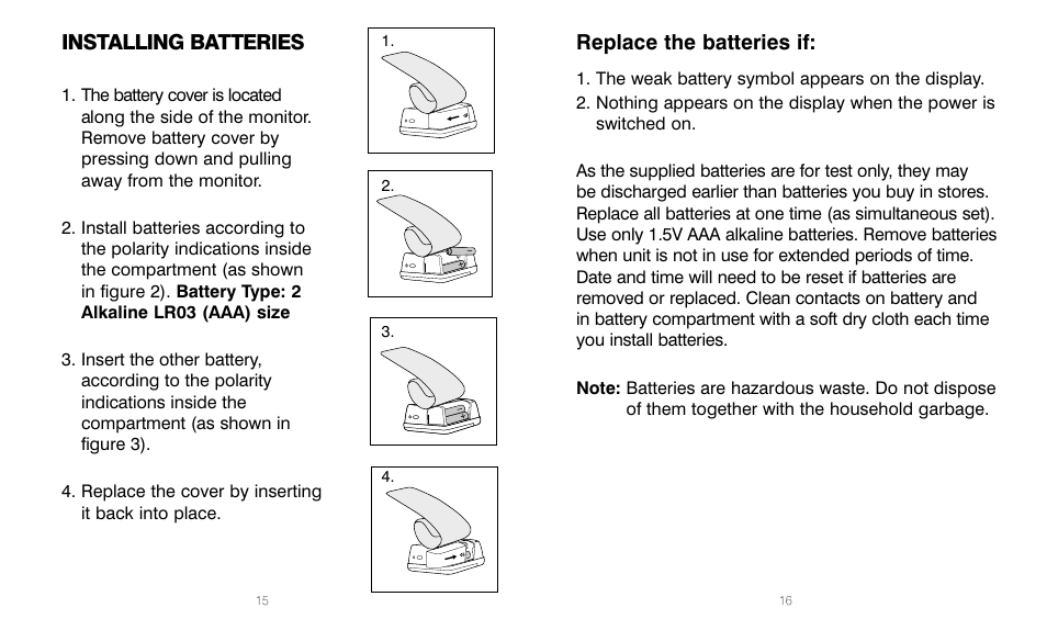 Replace the batteries if, Installing batteries | HoMedics BPW-201 User Manual | Page 8 / 42