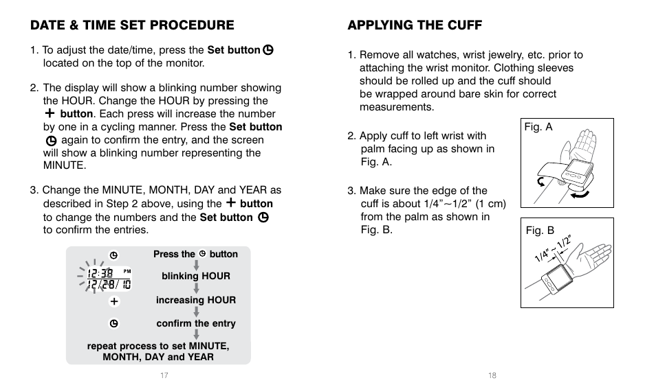 Applying the cuff, Date & time set procedure | HoMedics BPW-201 User Manual | Page 9 / 42