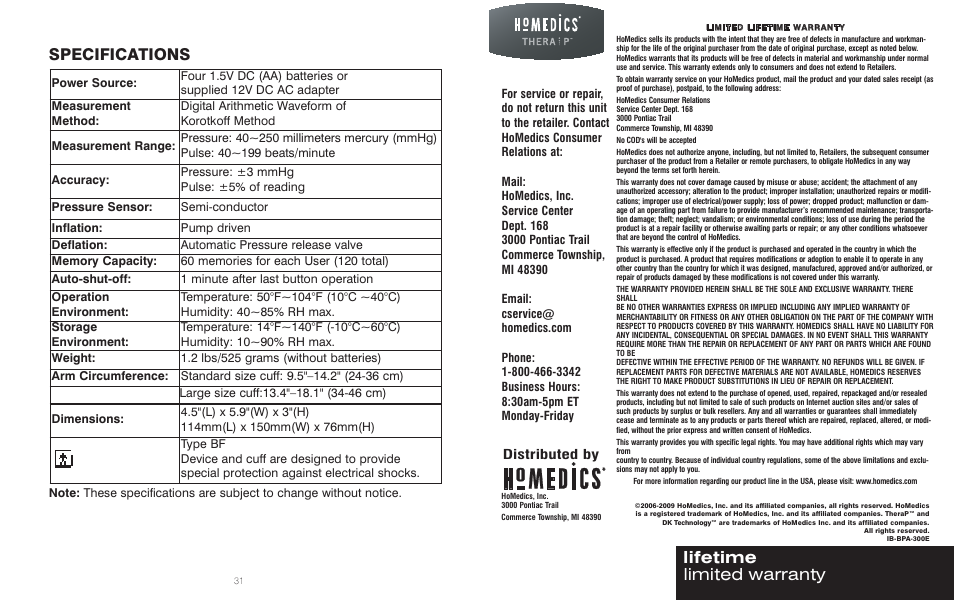 Specifications, Limited warranty lifetime | HoMedics BPA-300 User Manual | Page 17 / 34