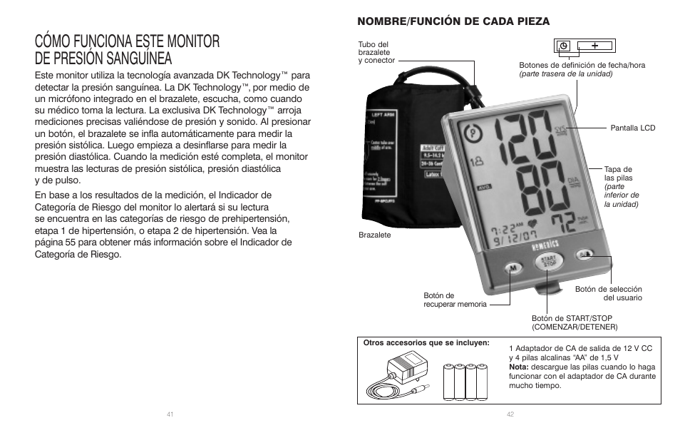 Cómo funciona este monitor de presión sanguínea, Nombre/función de cada pieza | HoMedics BPA-300 User Manual | Page 22 / 34