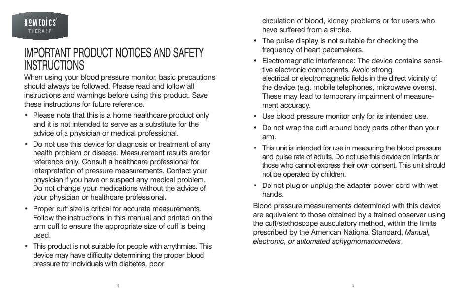 Important product notices and safety instructions | HoMedics BPA-300 User Manual | Page 3 / 34