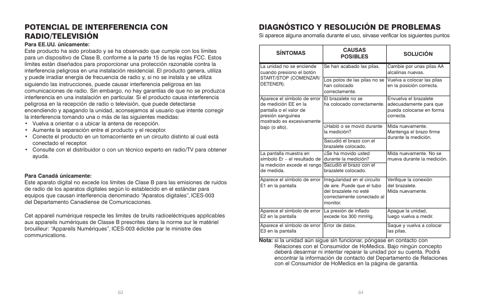 Potencial de interferencia con radio/televisión, Diagnóstico y resolución de problemas | HoMedics BPA-300 User Manual | Page 33 / 34