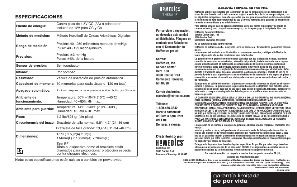 Garantía limitada de por vida, Especificaciones | HoMedics BPA-300 User Manual | Page 34 / 34