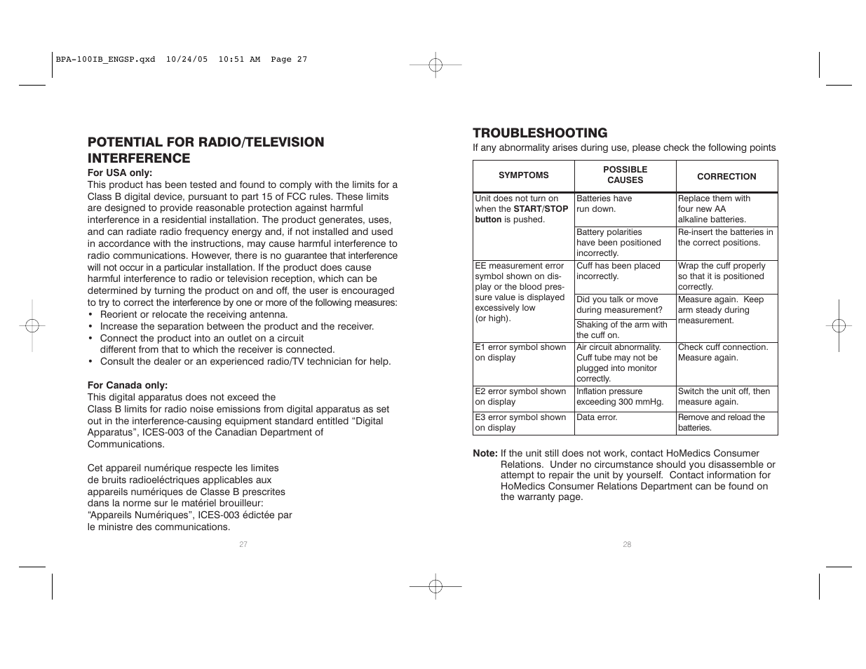 Troubleshooting, Potential for radio/television interference | HoMedics BPA-100 User Manual | Page 15 / 32