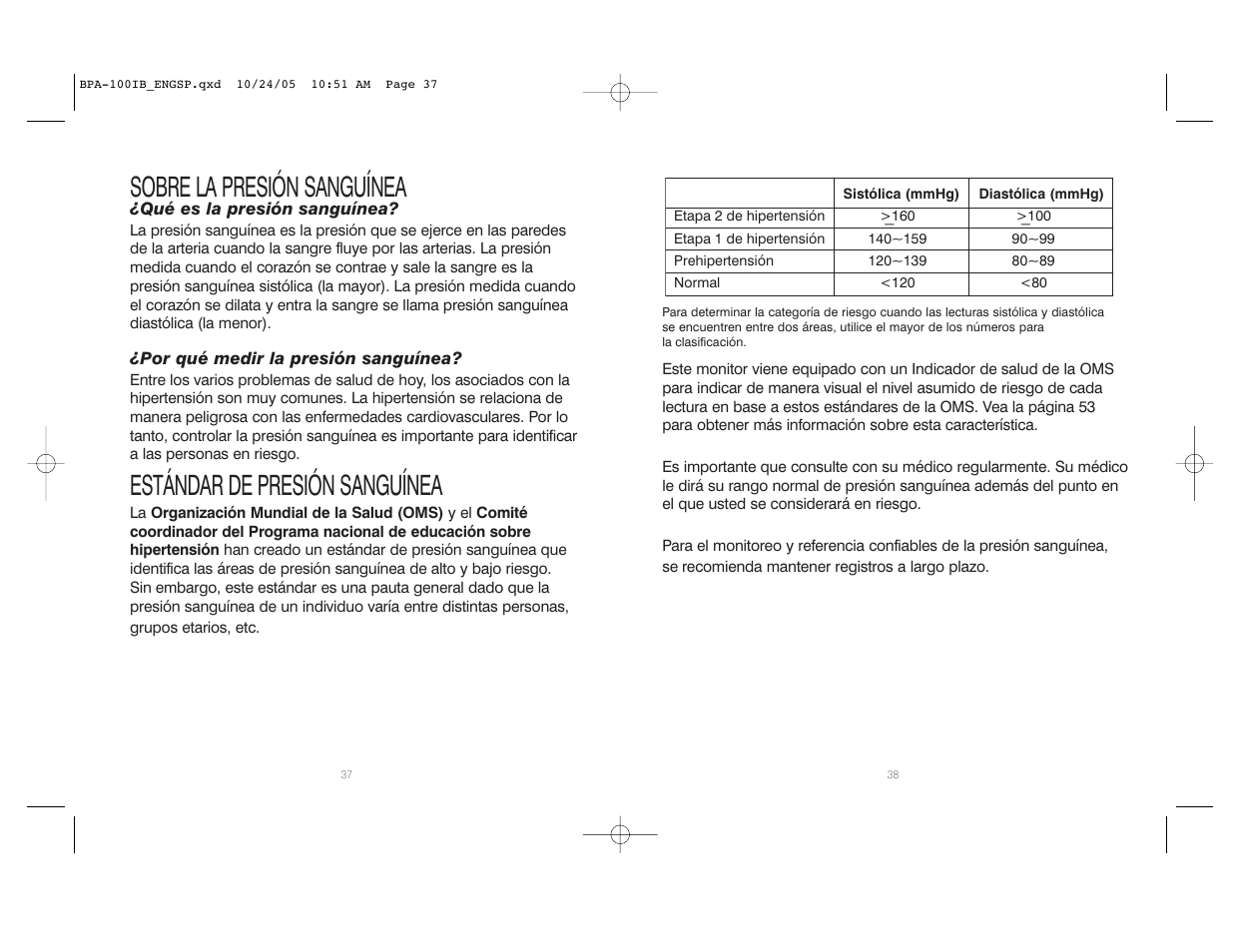 Sobre la presión sanguínea, Estándar de presión sanguínea | HoMedics BPA-100 User Manual | Page 20 / 32