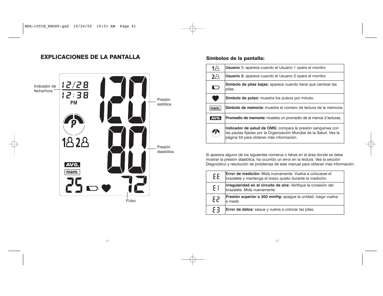 Explicaciones de la pantalla | HoMedics BPA-100 User Manual | Page 22 / 32