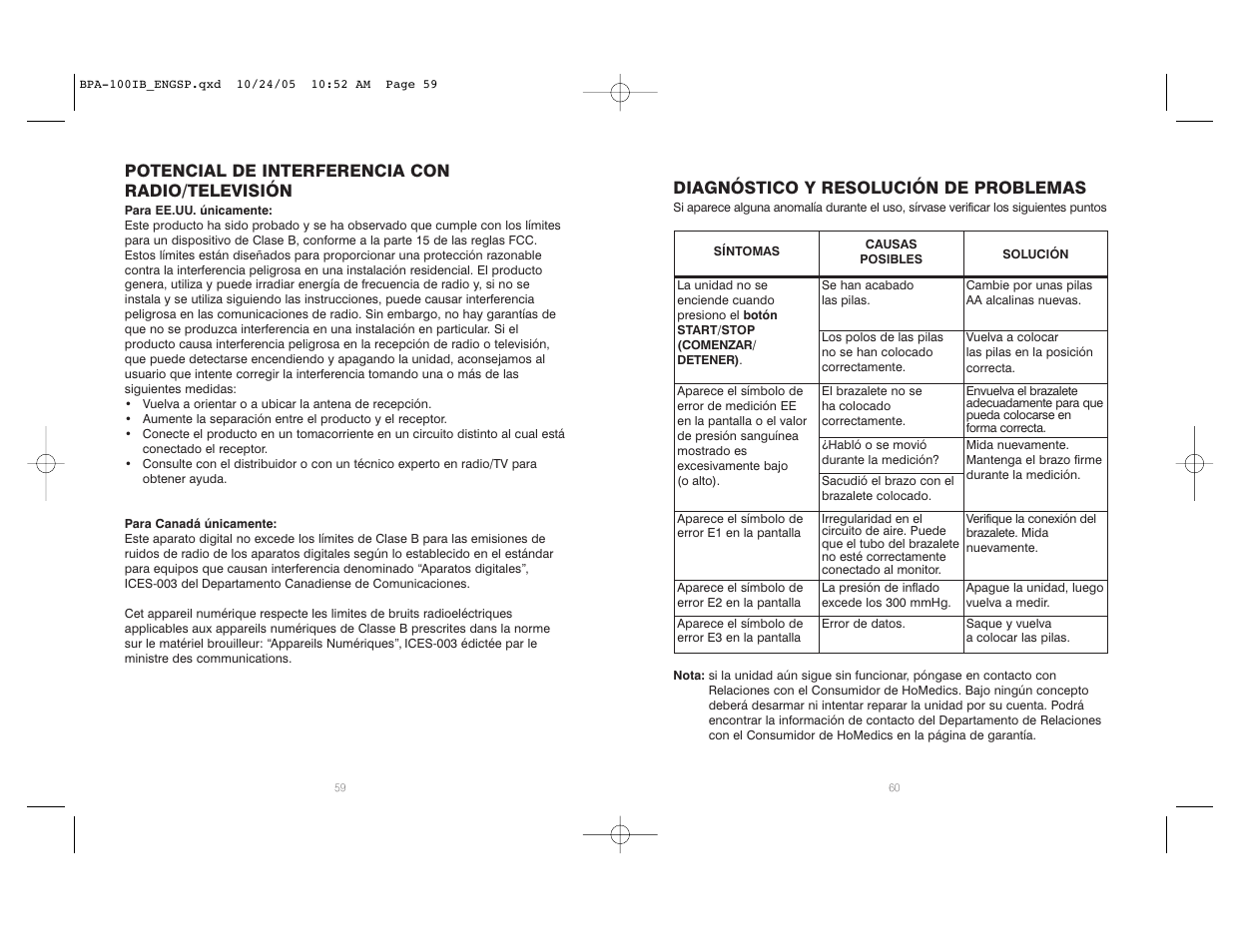 Diagnóstico y resolución de problemas, Potencial de interferencia con radio/televisión | HoMedics BPA-100 User Manual | Page 31 / 32