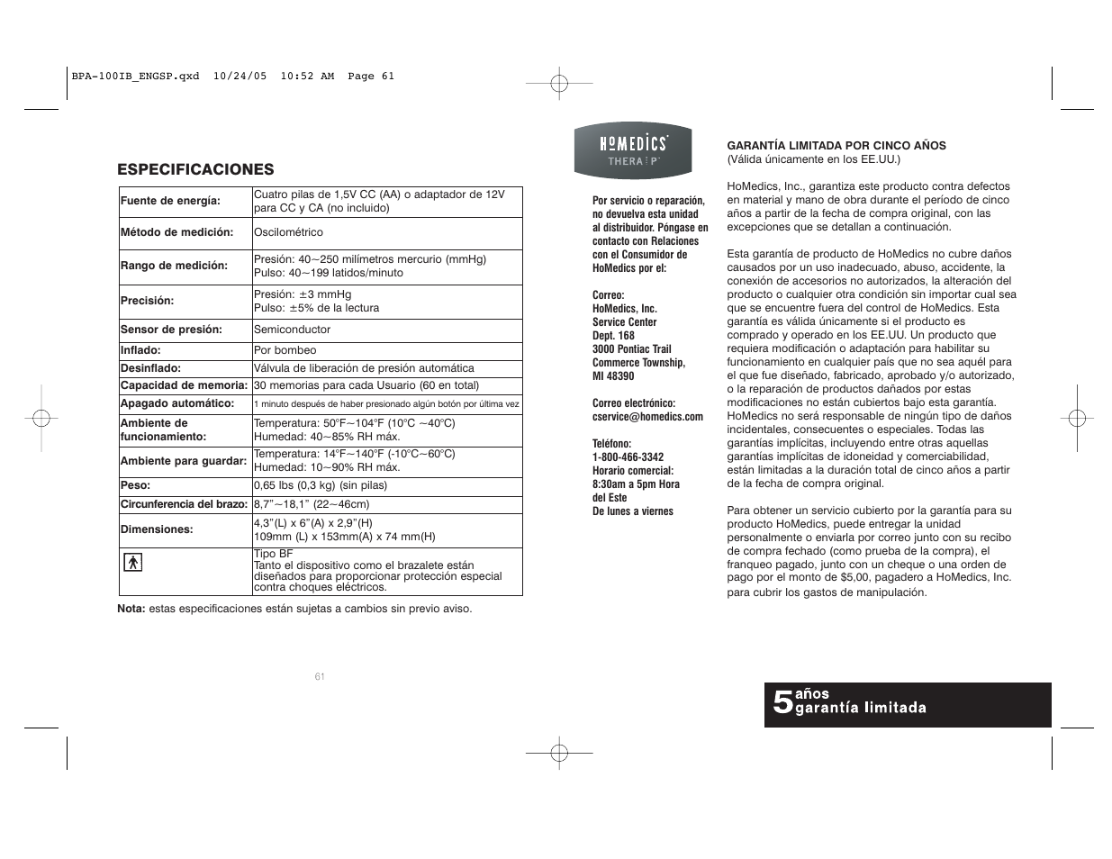 Especificaciones | HoMedics BPA-100 User Manual | Page 32 / 32
