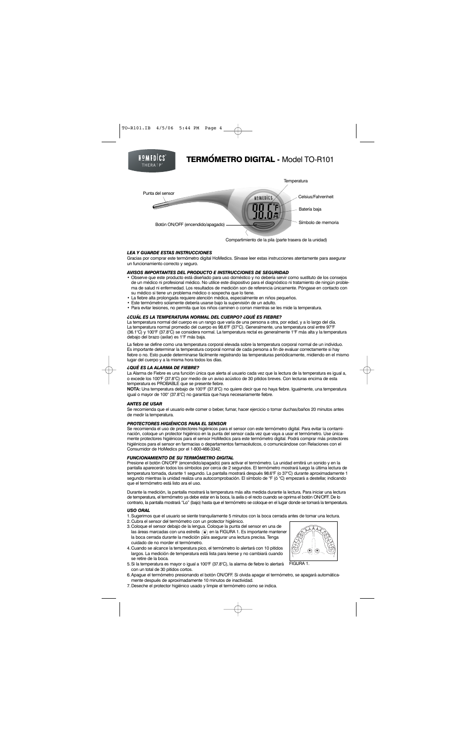 Termometro digital - model to-r101 | HoMedics TO-R101 User Manual | Page 3 / 4