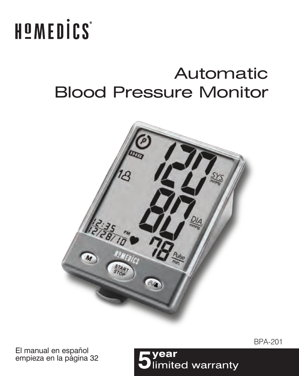 HoMedics Automatic Blood Pressure Monitor BPA-201 User Manual | 33 pages