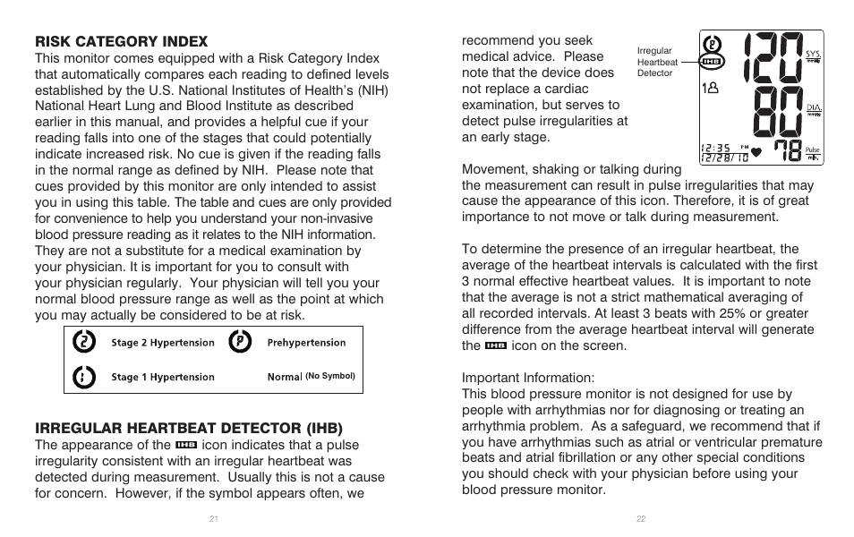 Risk category index, Irregular heartbeat detector (ihb) | HoMedics Automatic Blood Pressure Monitor BPA-201 User Manual | Page 12 / 33