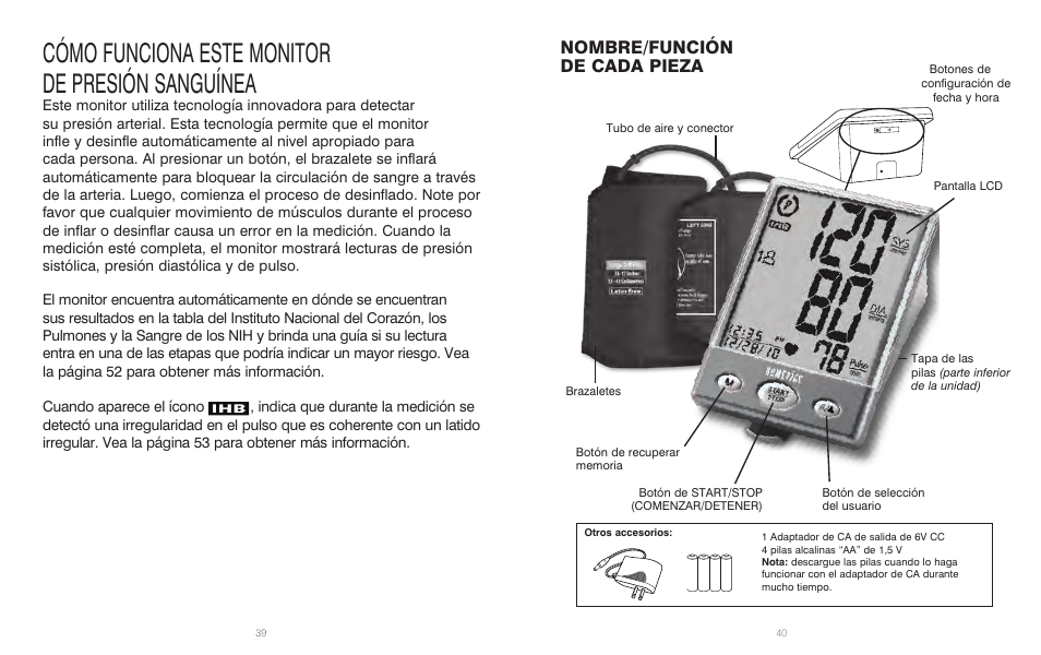 Cómo funciona este monitor de presión sanguínea, Nombre/función de cada pieza | HoMedics Automatic Blood Pressure Monitor BPA-201 User Manual | Page 21 / 33