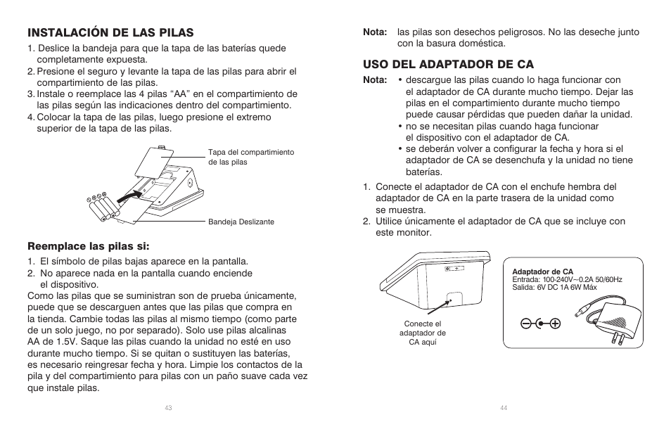 Instalación de las pilas, Uso del adaptador de ca | HoMedics Automatic Blood Pressure Monitor BPA-201 User Manual | Page 23 / 33