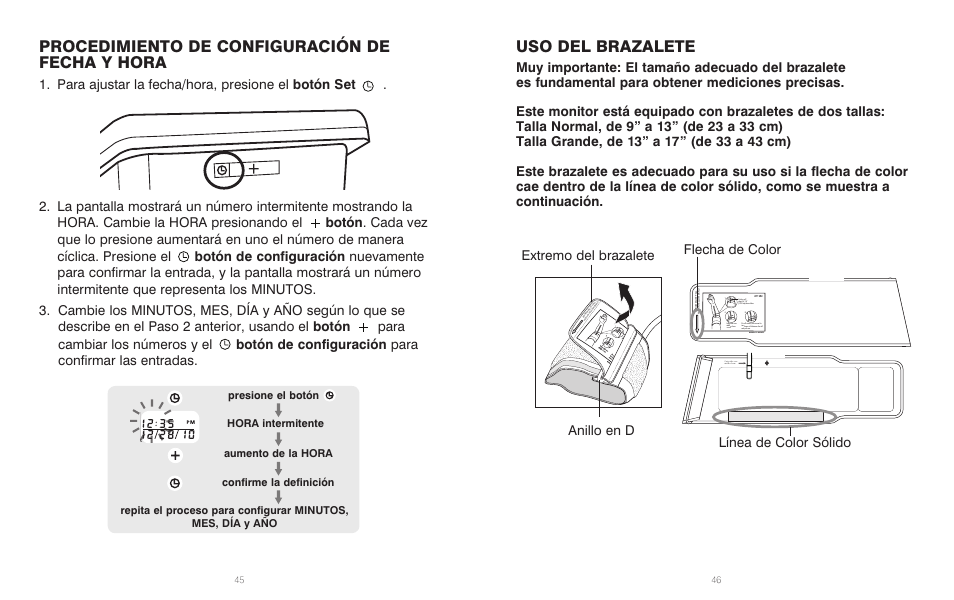 Uso del brazalete, Procedimiento de configuración de fecha y hora, Anillo en d extremo del brazalete | Flecha de color línea de color sólido | HoMedics Automatic Blood Pressure Monitor BPA-201 User Manual | Page 24 / 33