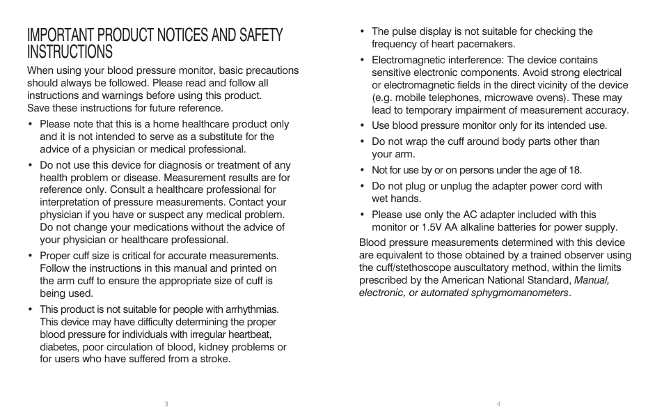 Important product notices and safety instructions | HoMedics Automatic Blood Pressure Monitor BPA-201 User Manual | Page 3 / 33