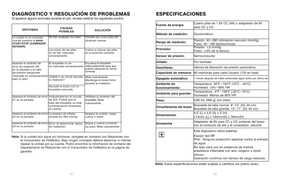 Diagnóstico y resolución de problemas, Especificaciones | HoMedics Automatic Blood Pressure Monitor BPA-201 User Manual | Page 32 / 33