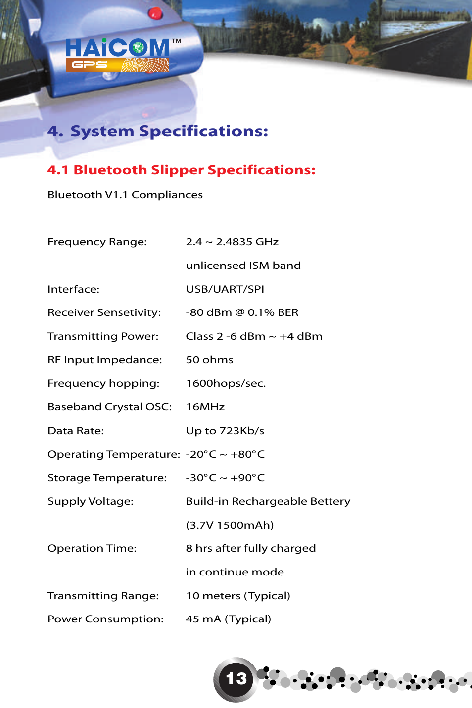 13 4. system specifications, 1 bluetooth slipper specifications | Haicom HI-405BT User Manual | Page 14 / 32