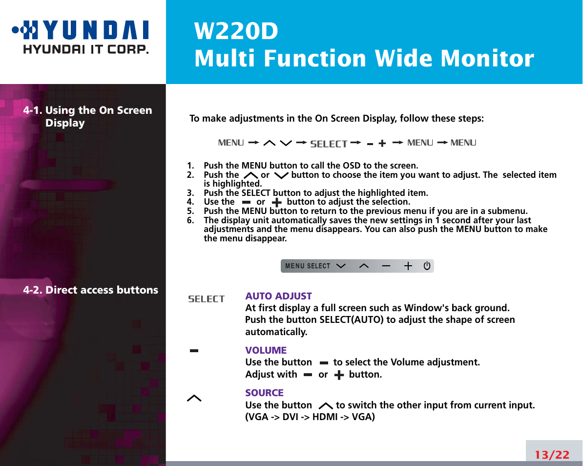 W220d multi function wide monitor | Hyundai W220D User Manual | Page 17 / 26