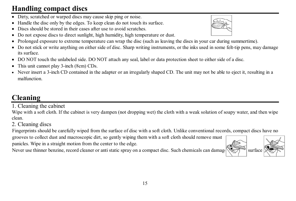 Handling compact discs, Cleaning | Hyundai H- CDM8059 User Manual | Page 15 / 37