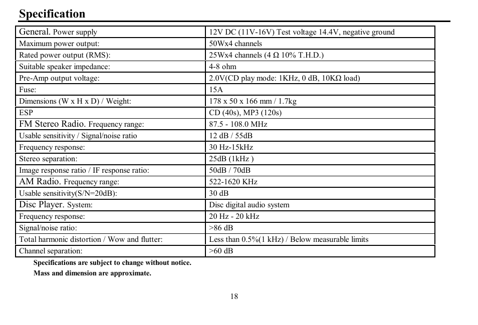 Specification | Hyundai H- CDM8059 User Manual | Page 18 / 37