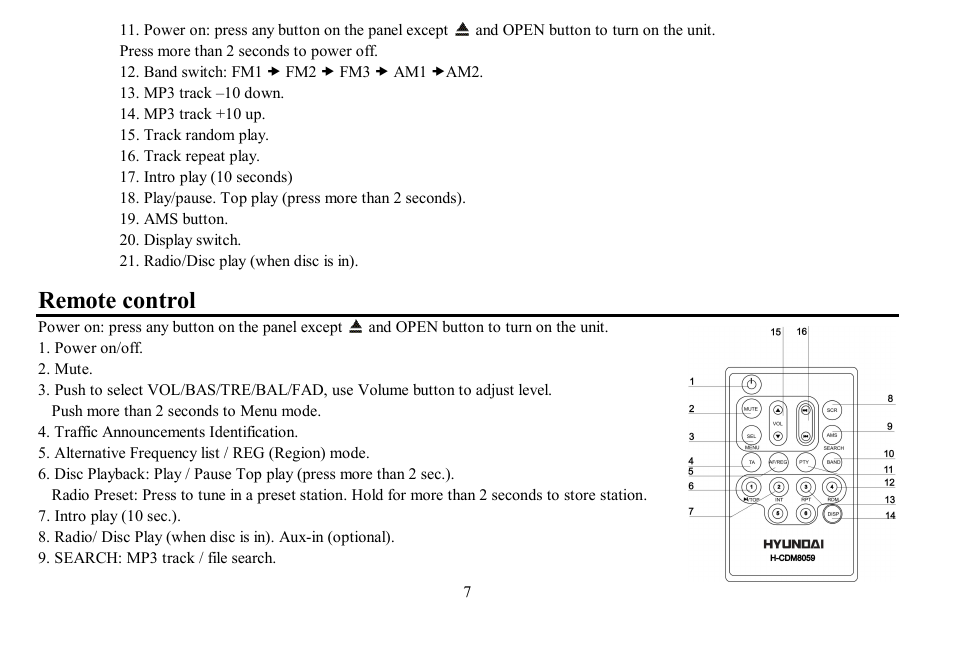 Remote control | Hyundai H- CDM8059 User Manual | Page 7 / 37