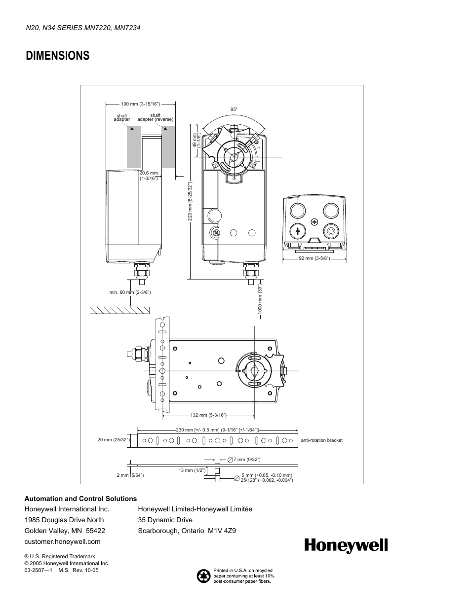 Dimensions | Honeywell N20 User Manual | Page 8 / 8