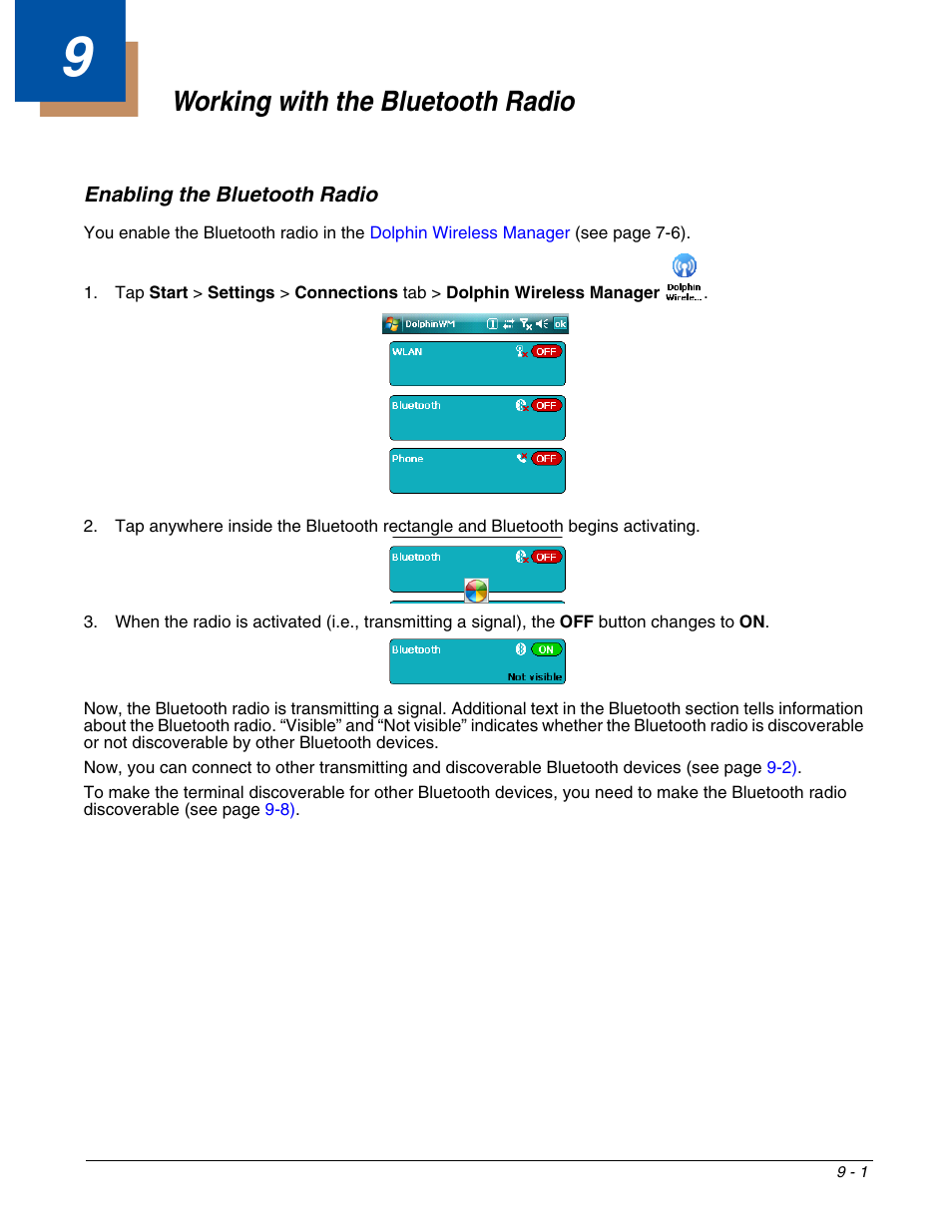 Working with the bluetooth radio, Enabling the bluetooth radio, Chapter 9 - working with the bluetooth radio | Enabling the bluetooth radio -1, For details, see | Honeywell DOLPHIN 9951 User Manual | Page 103 / 154