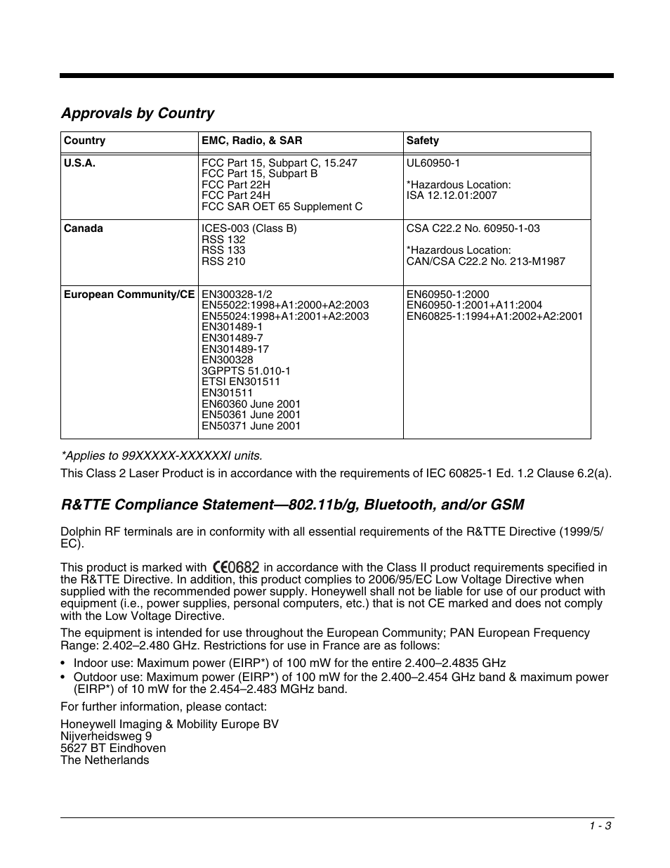 Approvals by country, Dous location rated. see, Approvals by | Country | Honeywell DOLPHIN 9951 User Manual | Page 11 / 154