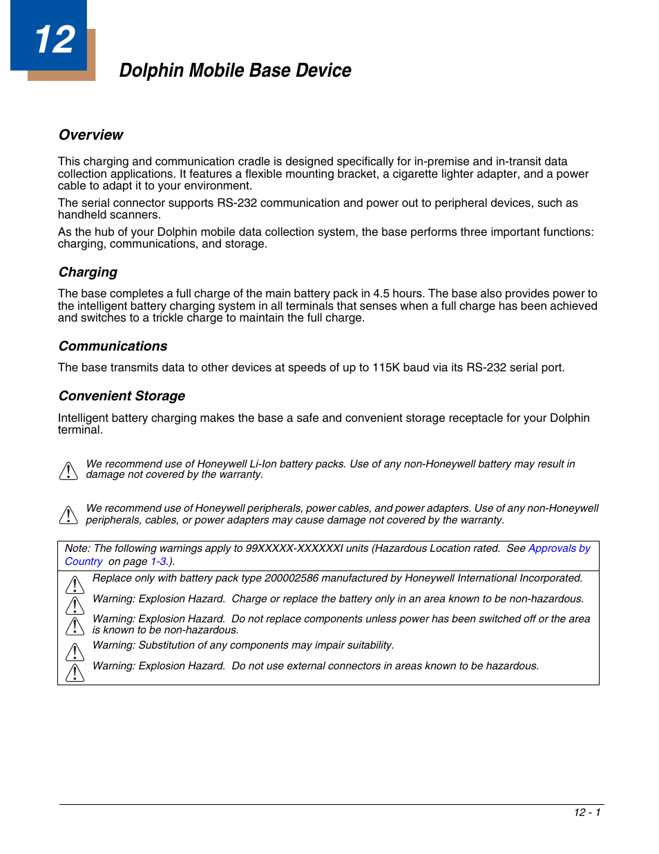 Dolphin mobile base device, Overview, Charging | Communications, Convenient storage, Chapter 12 - dolphin mobile base device, Overview -1, For more information, see | Honeywell DOLPHIN 9951 User Manual | Page 125 / 154
