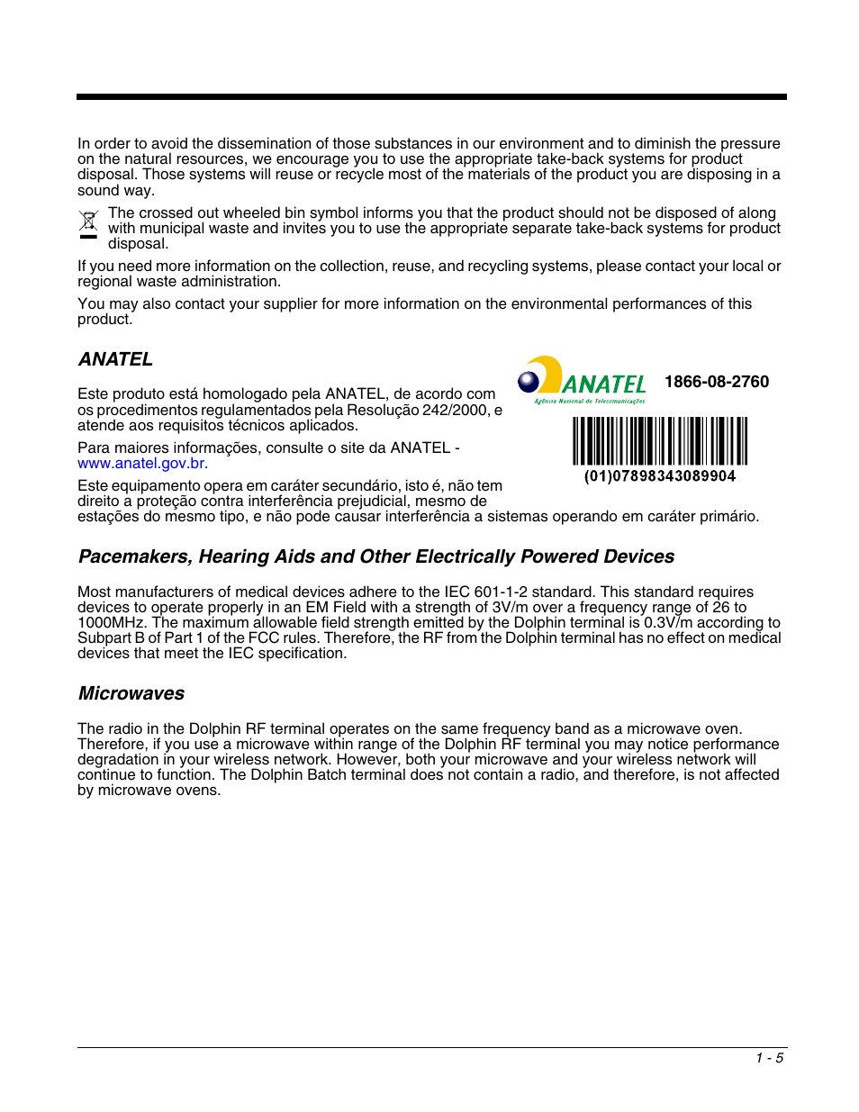 Anatel, Microwaves, Anatel -5 | Honeywell DOLPHIN 9951 User Manual | Page 13 / 154