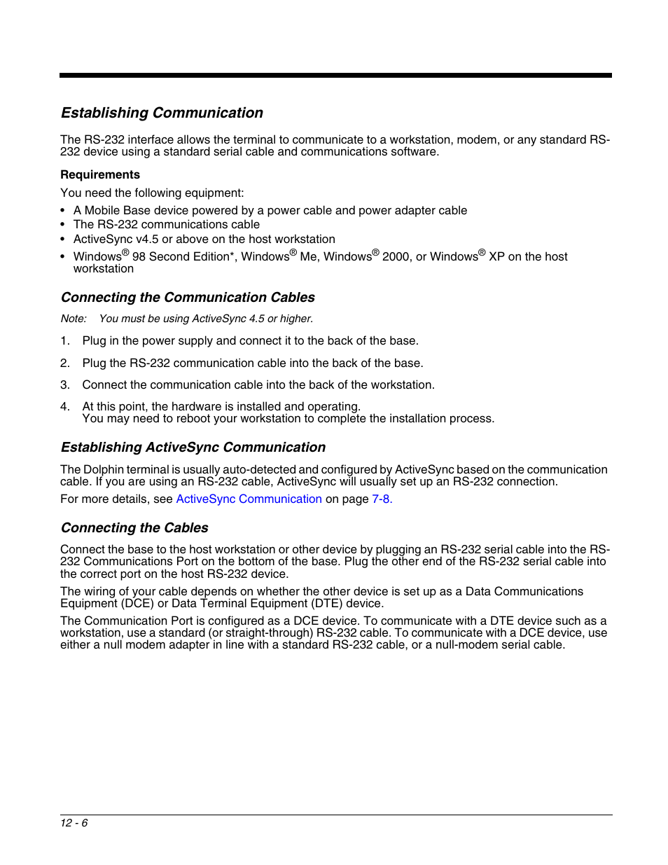 Establishing communication, Connecting the communication cables, Establishing activesync communication | Connecting the cables, Establishing communication -6 | Honeywell DOLPHIN 9951 User Manual | Page 130 / 154