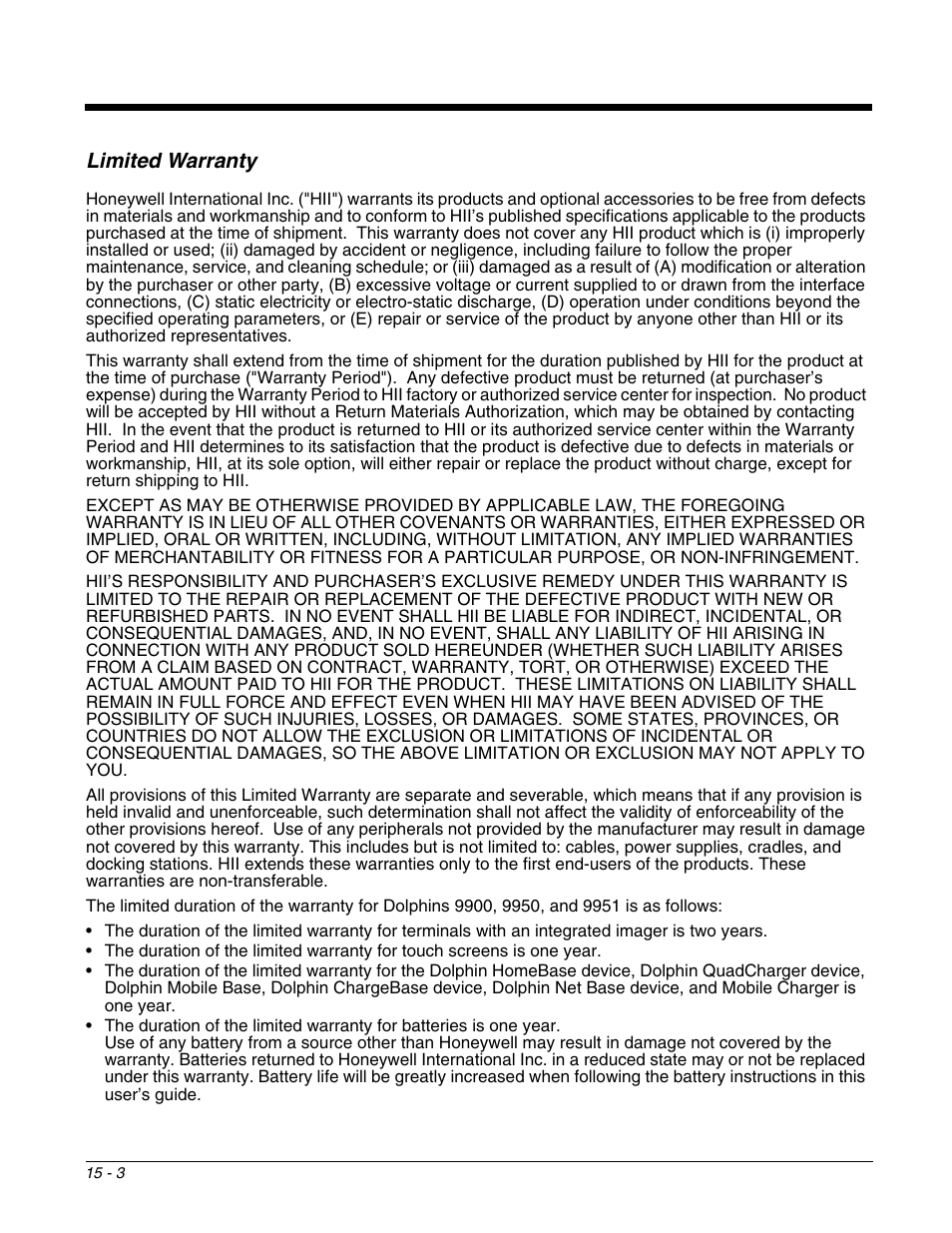 Limited warranty, Limited warranty -3 | Honeywell DOLPHIN 9951 User Manual | Page 151 / 154