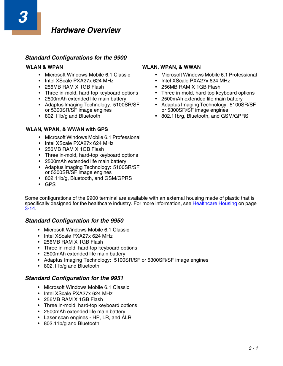 Hardware overview, Standard configurations for the 9900, Standard configuration for the 9950 | Standard configuration for the 9951, Chapter 3 - hardware overview | Honeywell DOLPHIN 9951 User Manual | Page 23 / 154