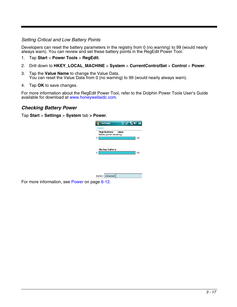 Checking battery power, Checking battery power -17 | Honeywell DOLPHIN 9951 User Manual | Page 39 / 154