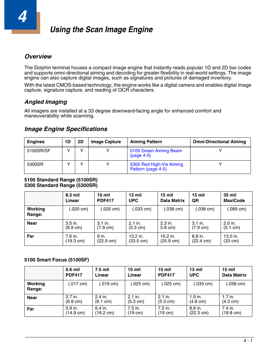 Using the scan image engine, Overview, Angled imaging | Image engine specifications, Chapter 4 - using the scan image engine, Overview -1, Angled imaging -1, Image engine specifications -1 | Honeywell DOLPHIN 9951 User Manual | Page 41 / 154