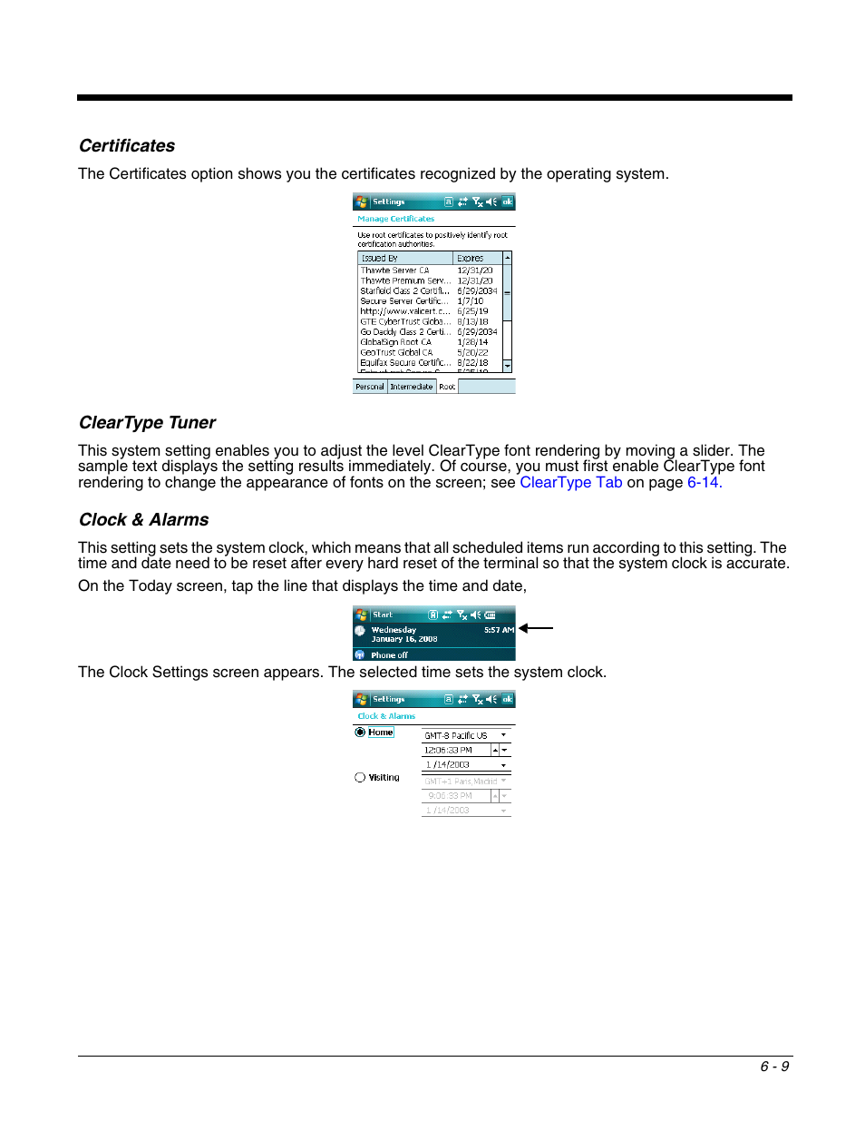Certificates, Cleartype tuner, Clock & alarms | Honeywell DOLPHIN 9951 User Manual | Page 71 / 154