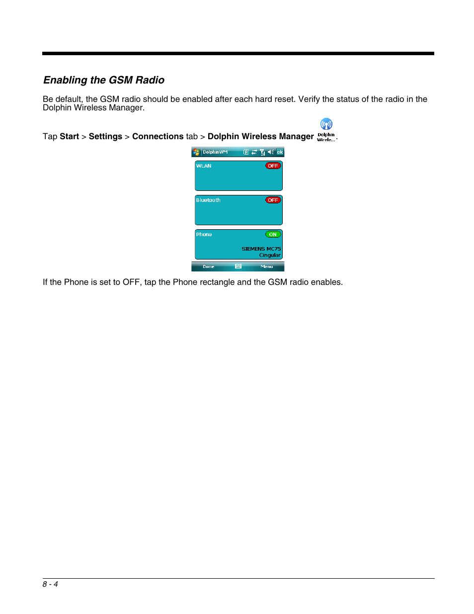 Enabling the gsm radio, Enabling the gsm radio -4 | Honeywell DOLPHIN 9951 User Manual | Page 94 / 154