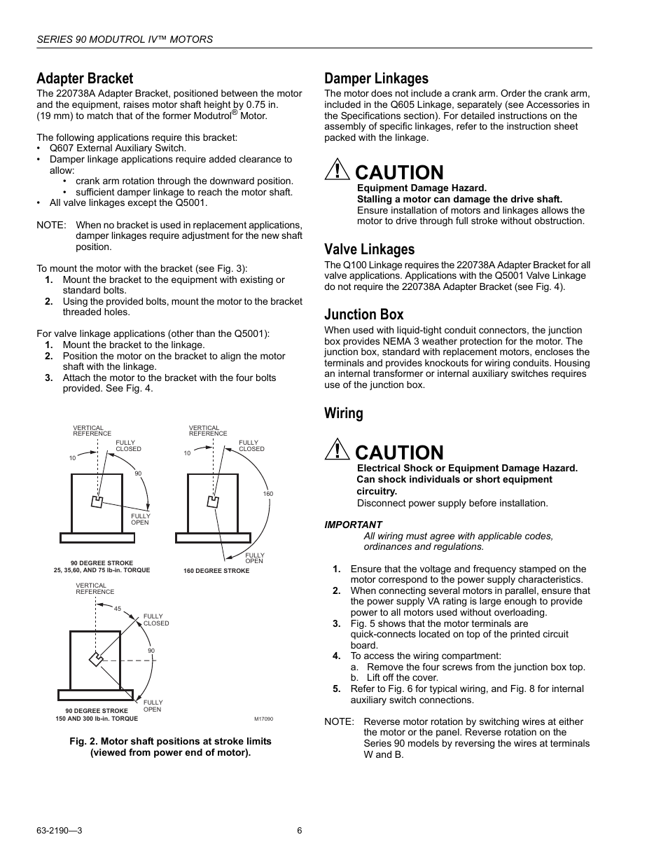 Adapter bracket, Damper linkages, Valve linkages | Junction box, Wiring, Caution | Honeywell Modutrol IV Motors Series 90 User Manual | Page 6 / 12