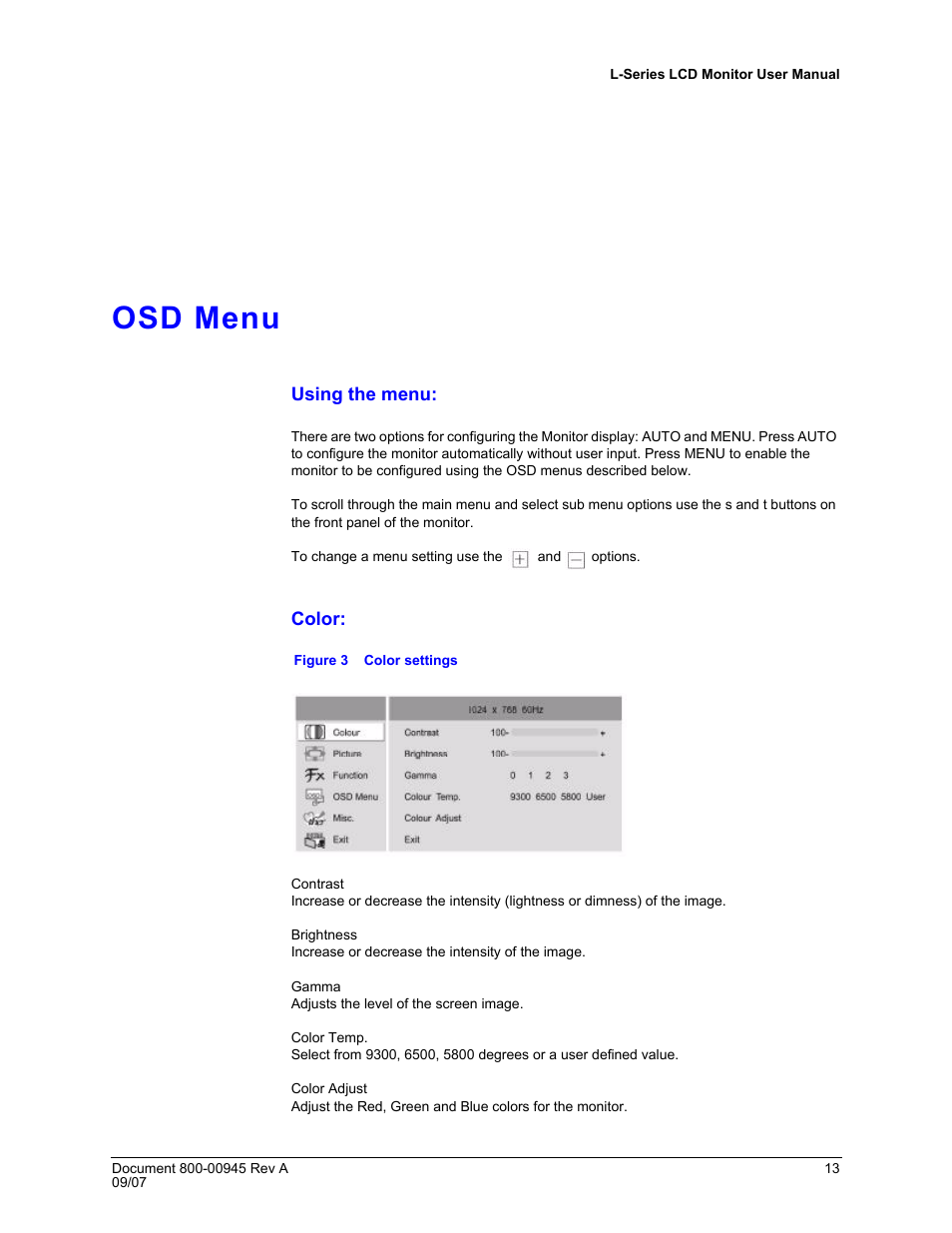 Osd menu, Using the menu, Color | Figure 3, Color settings | Honeywell HMLCD17L User Manual | Page 13 / 24