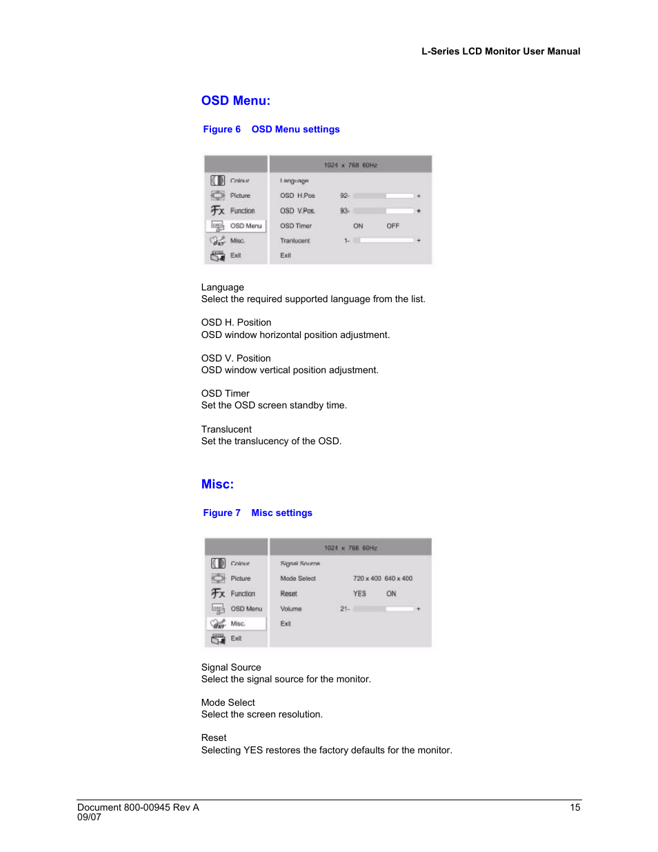 Osd menu, Misc, Figure 6 | Osd menu settings, Figure 7, Misc settings | Honeywell HMLCD17L User Manual | Page 15 / 24