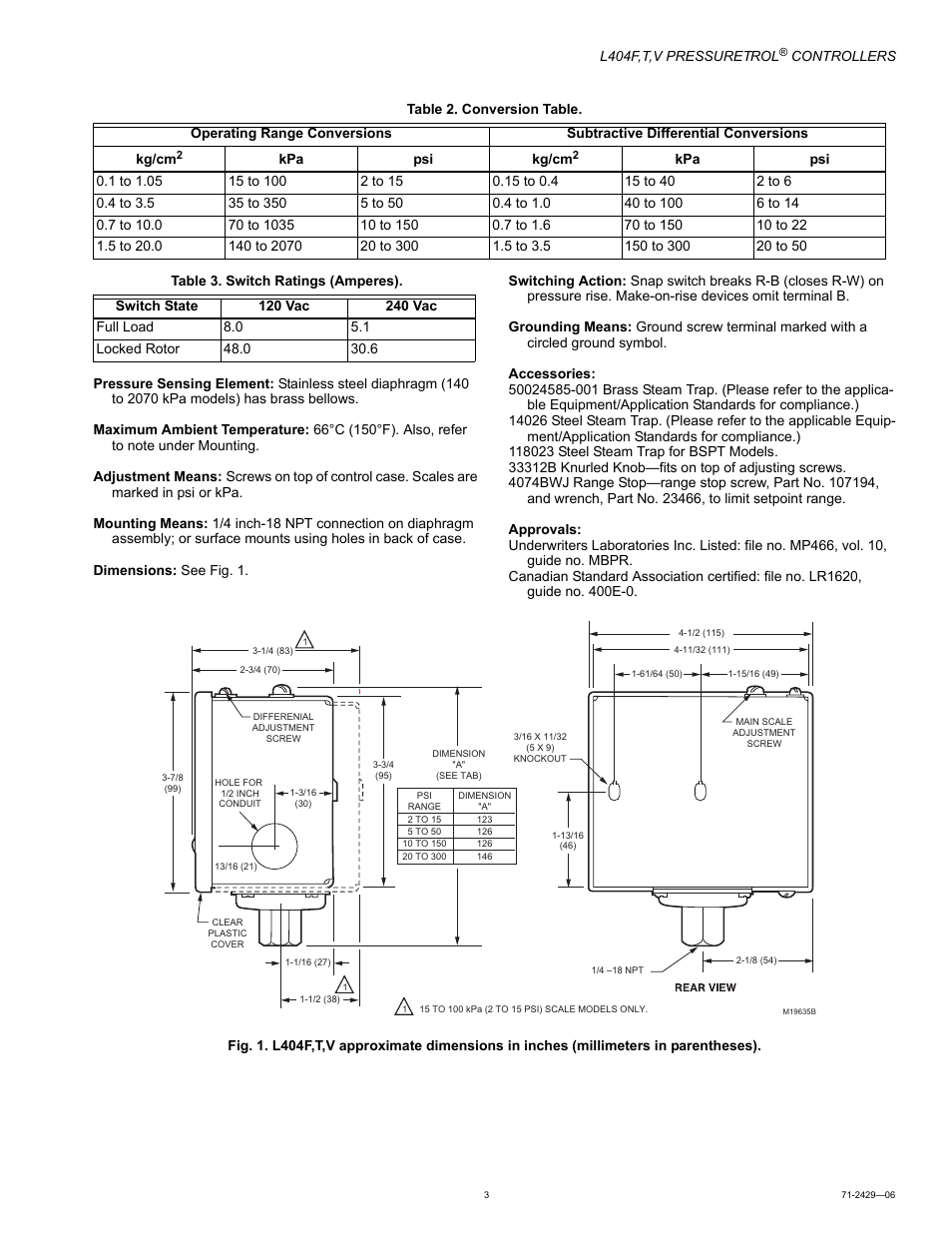 Honeywell PRESSURETROL L404T User Manual | Page 3 / 8