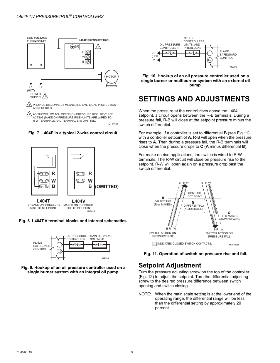 Settings and adjustments, Setpoint adjustment, L404t | L404v | Honeywell PRESSURETROL L404T User Manual | Page 6 / 8